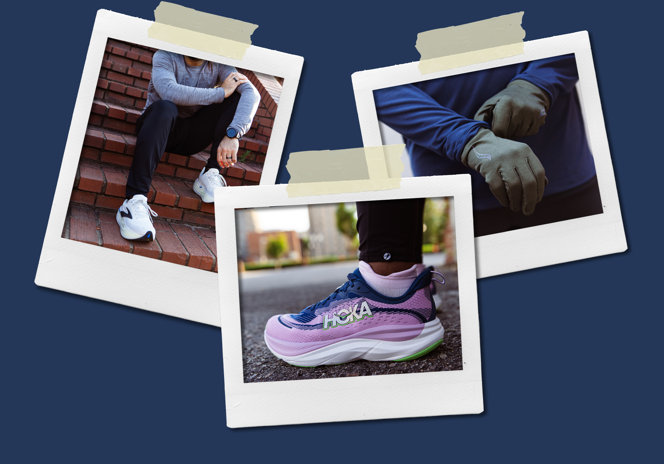 Polaroids of Brooks, HOKA and Saucony running gear